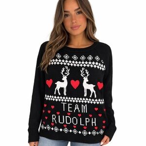 Team Rudolph Christmas Sweater XL Black Reindeer Heart Holiday Knit Pullover